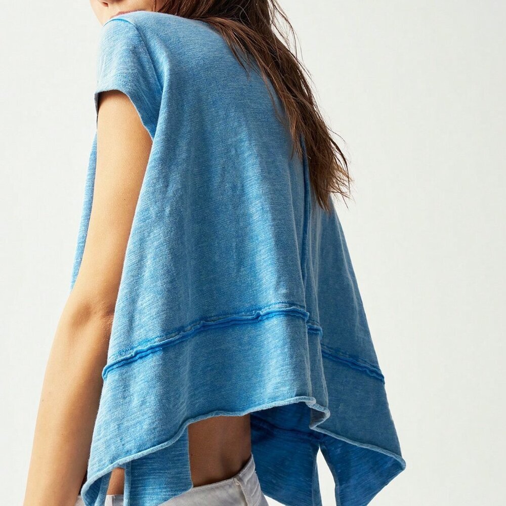 Blue Casual Women's Knitted Round Neck Short Sleeve Asymmetrical Hem T-Shirt - Picture 3 of 5